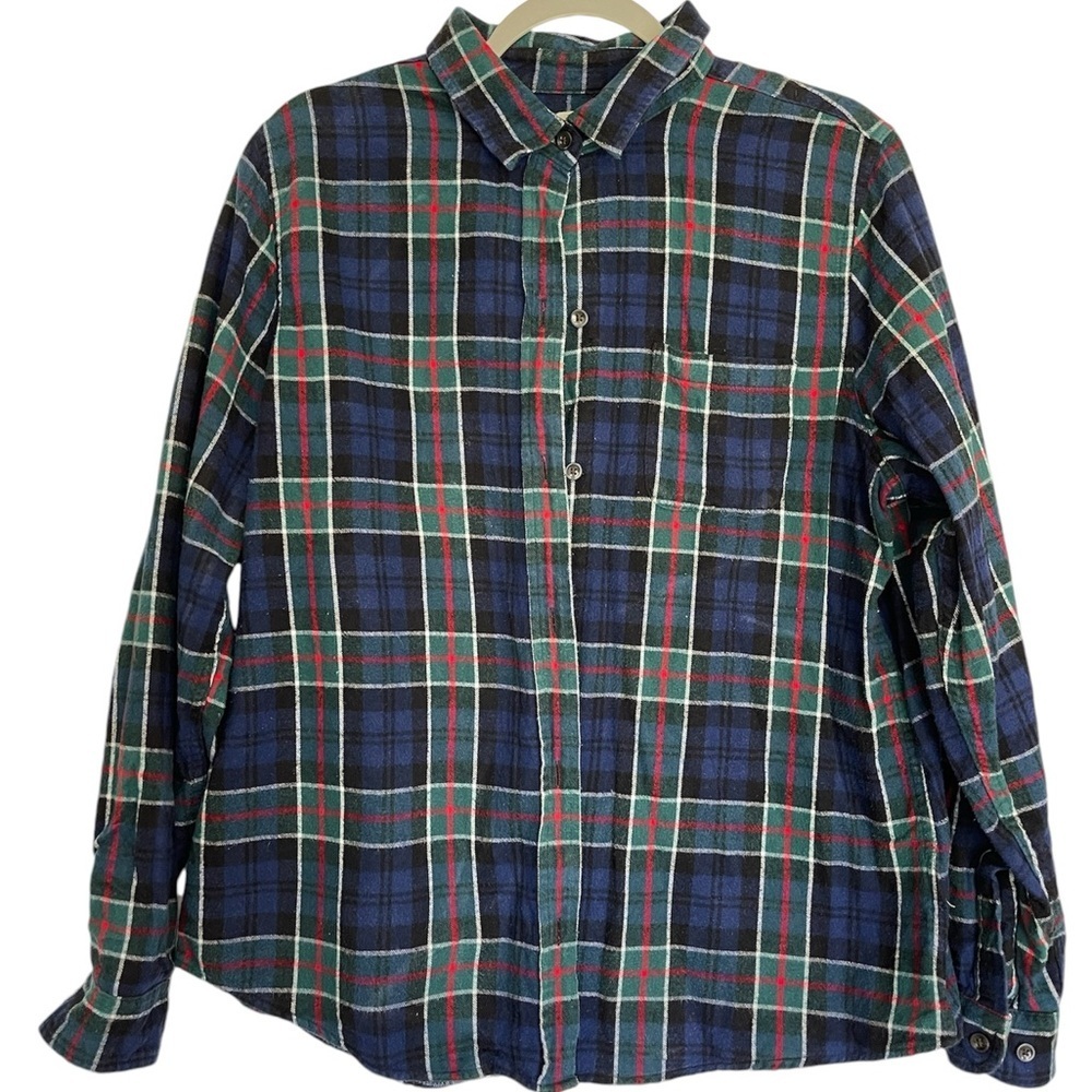 LL Bean Scotch Plaid Green Red Blue Holiday Women’s Relaxed Fit Flannel Shirt L